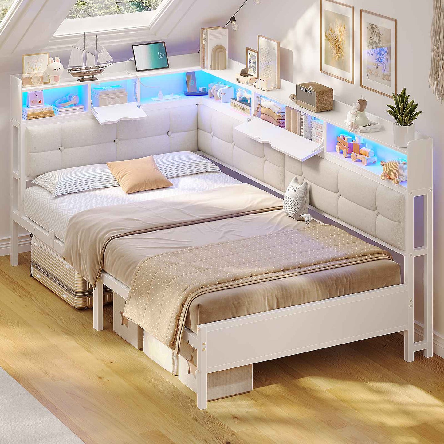 AOGLLATI 3ft Single Bed Frame with Storage Day Bed with Charging Station Corner Bed Frame Sofa Bed Frame with LED Lighting