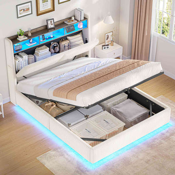 Ottoman Double Bed Frame with 360° LED Lights 4ft6 Upholstered Bed with Built-in Power Strip Corduroy