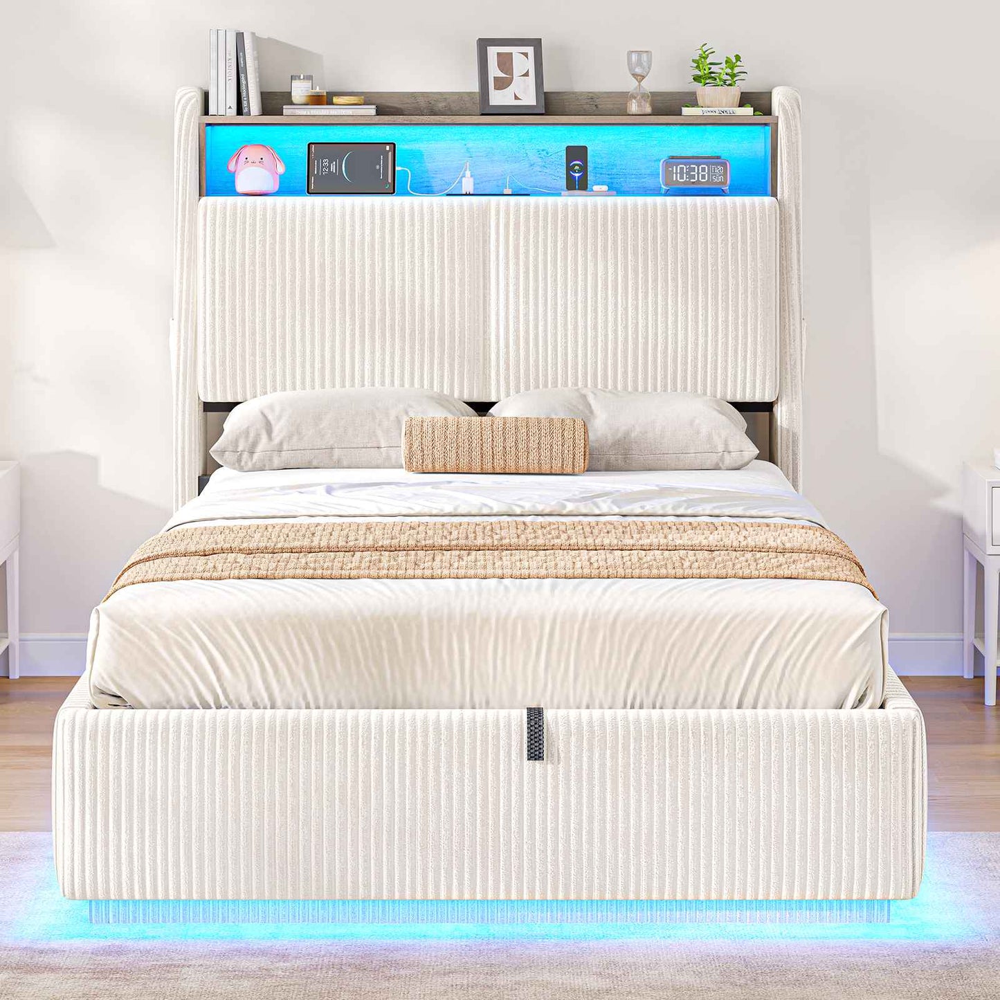 AOGLLATI Single Ottoman Bed with 360° LED Lights 3ft Upholstered Bed with Built-in Power Strip