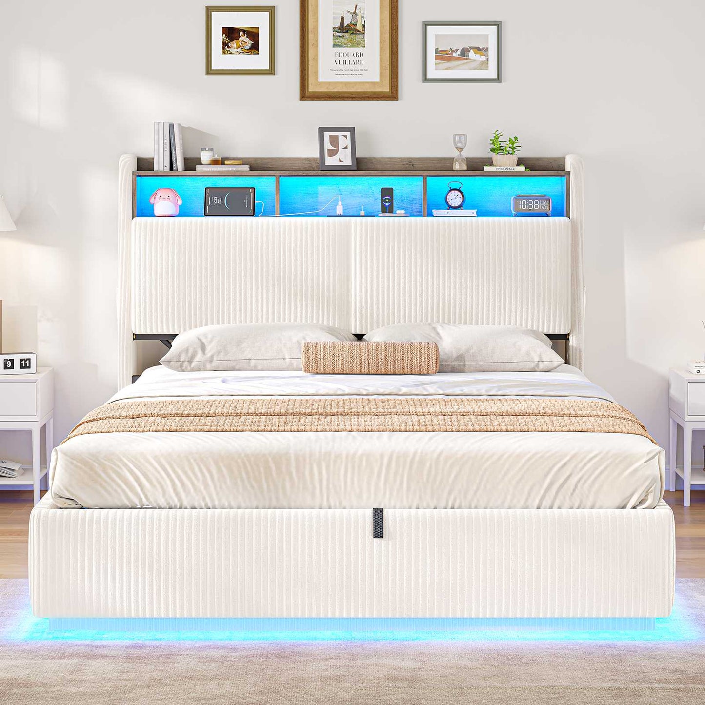 Ottoman Double Bed Frame with 360° LED Lights 4ft6 Upholstered Bed with Built-in Power Strip Corduroy