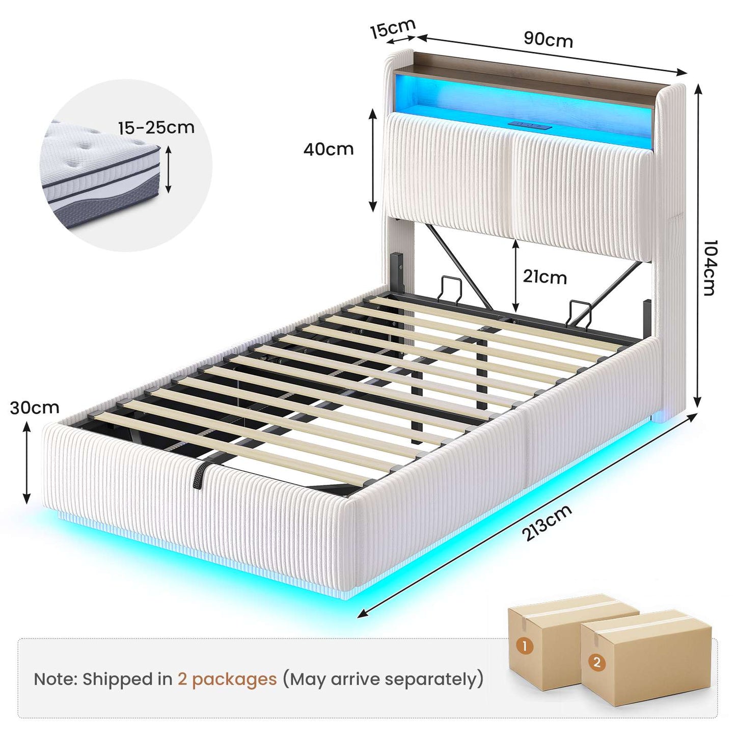 AOGLLATI Single Ottoman Bed with 360° LED Lights 3ft Upholstered Bed with Built-in Power Strip