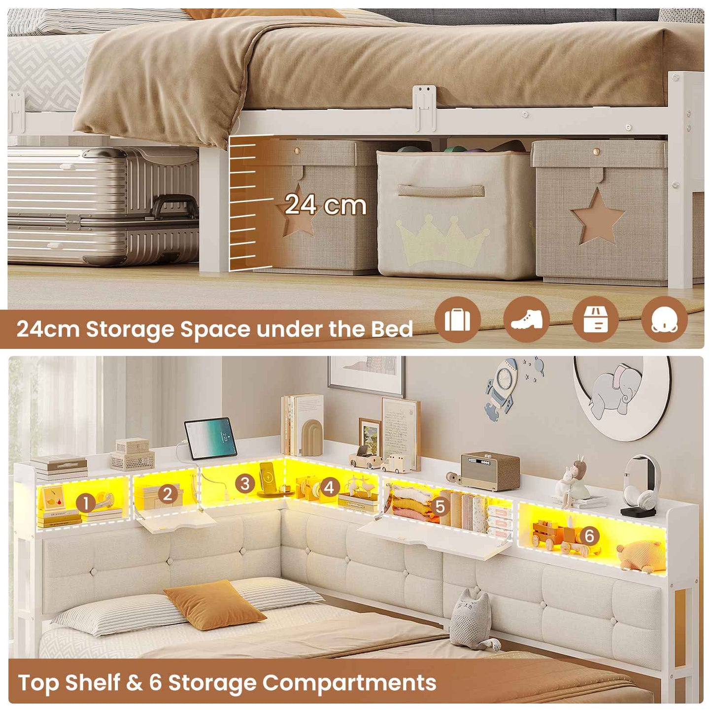 AOGLLATI 3ft Single Bed Frame with Storage Day Bed with Charging Station Corner Bed Frame Sofa Bed Frame with LED Lighting