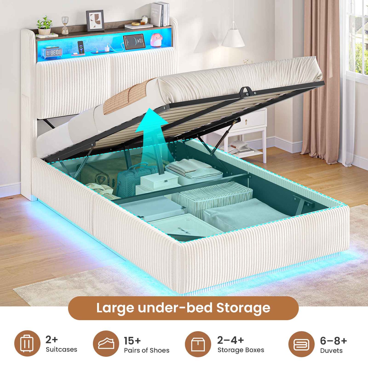 AOGLLATI Single Ottoman Bed with 360° LED Lights 3ft Upholstered Bed with Built-in Power Strip