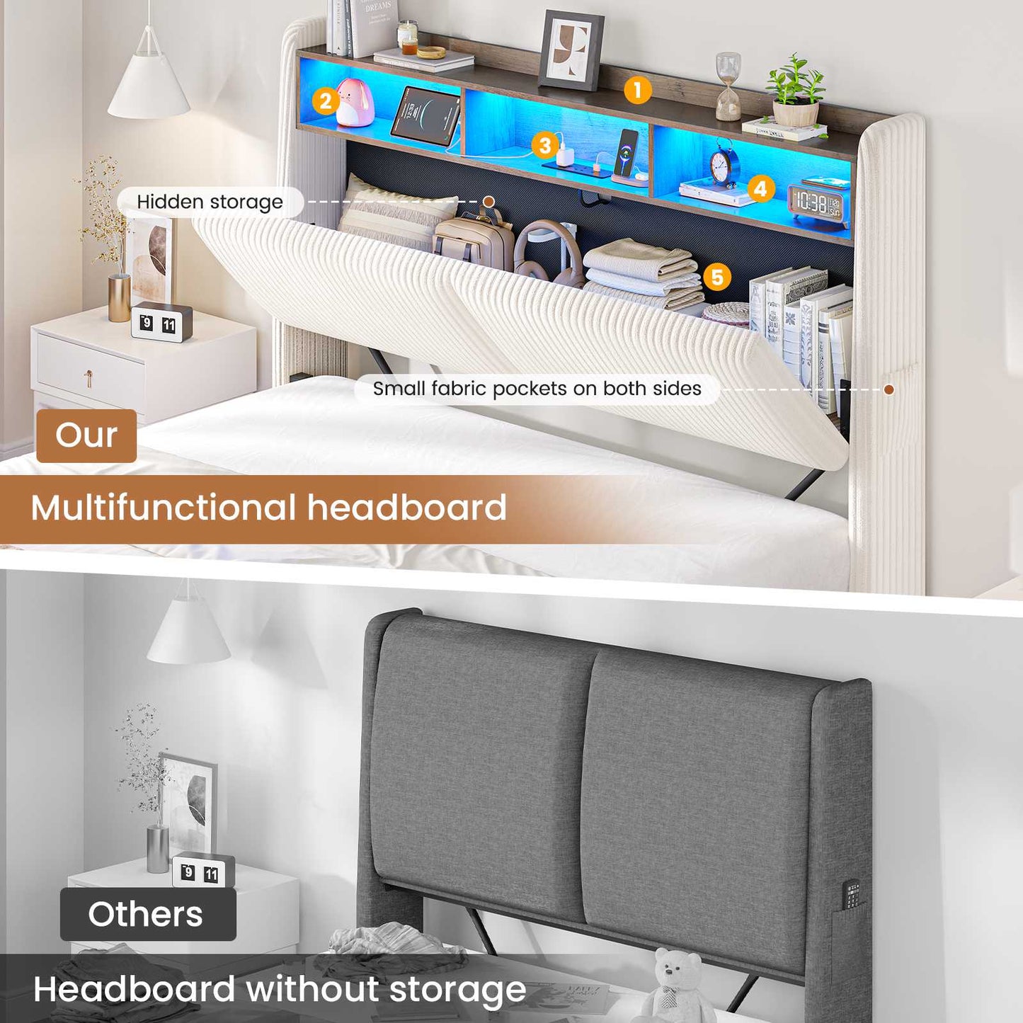 Ottoman Double Bed Frame with 360° LED Lights 4ft6 Upholstered Bed with Built-in Power Strip Corduroy