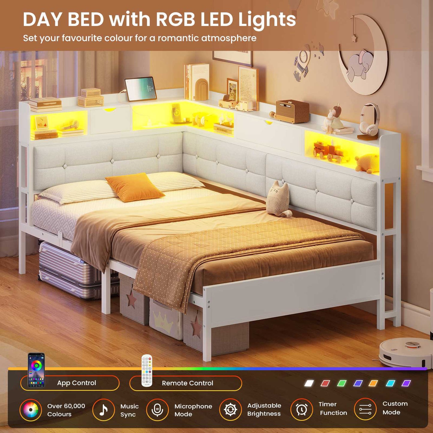 AOGLLATI 3ft Single Bed Frame with Storage Day Bed with Charging Station Corner Bed Frame Sofa Bed Frame with LED Lighting