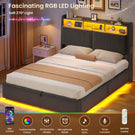 Ottoman Double Bed Frame with 360° LED Lights 4ft6 Upholstered Bed with Built-in Power Strip Corduroy