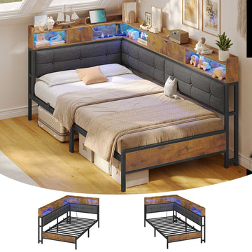 AOGLLATI 3ft Single Bed Frame with Storage Day Bed with Charging Station Corner Bed Frame Sofa Bed Frame with LED Lighting