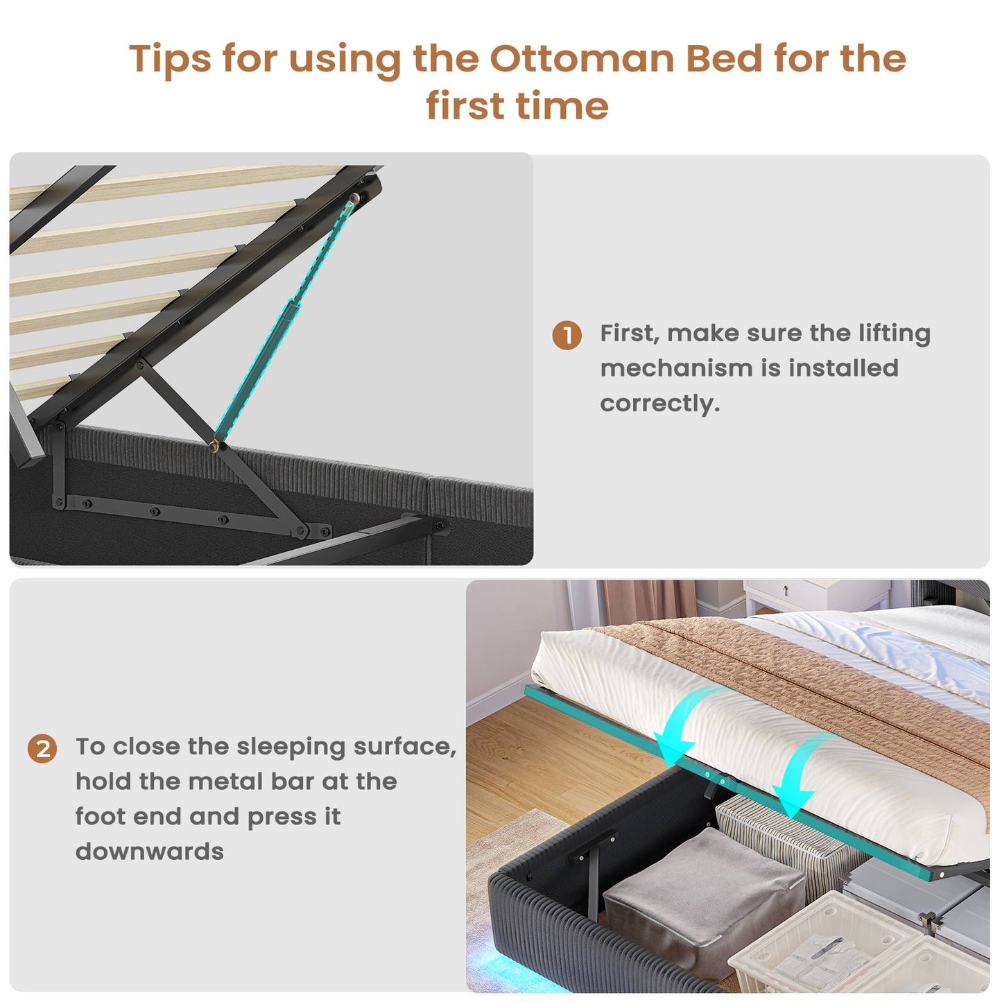 Ottoman Double Bed Frame with 360° LED Lights 4ft6 Upholstered Bed with Built-in Power Strip Corduroy