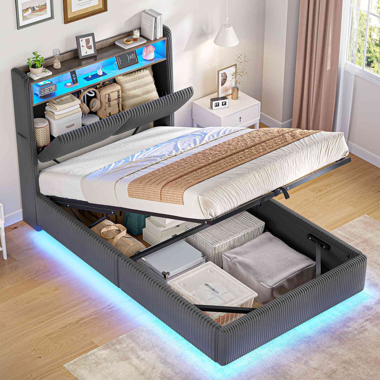 AOGLLATI Single Ottoman Bed with 360° LED Lights 3ft Upholstered Bed with Built-in Power Strip