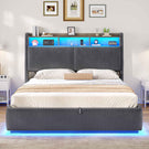 Ottoman Double Bed Frame with 360° LED Lights 4ft6 Upholstered Bed with Built-in Power Strip Corduroy