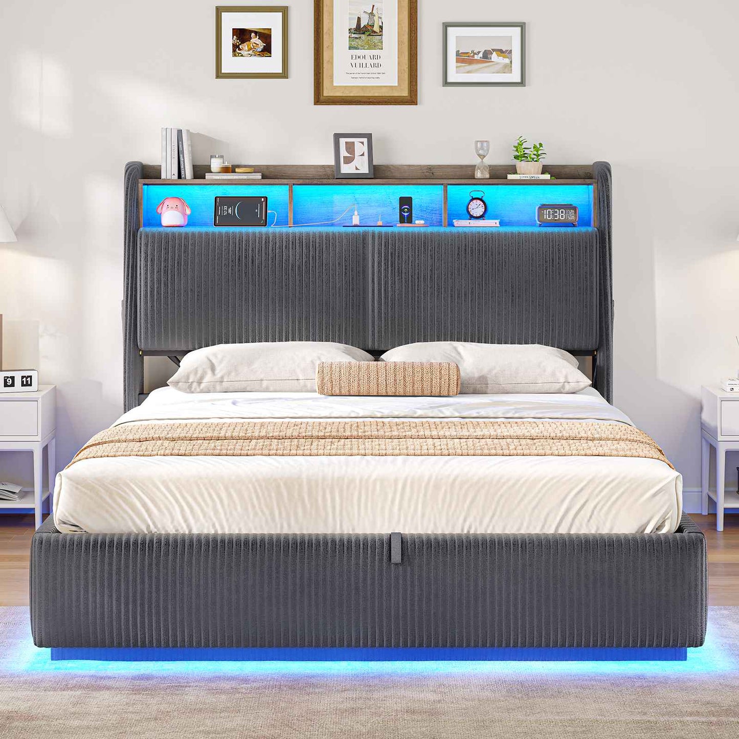 Ottoman Double Bed Frame with 360° LED Lights 4ft6 Upholstered Bed with Built-in Power Strip Corduroy