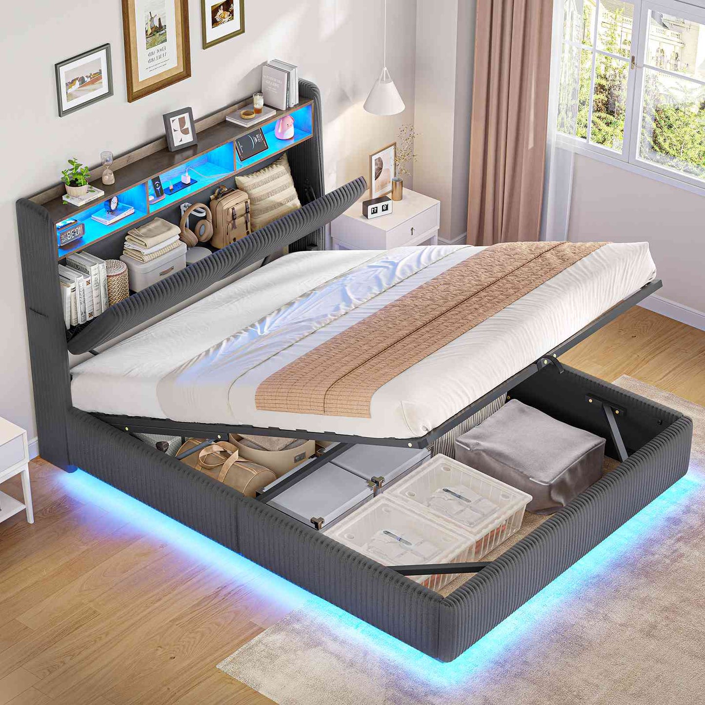 Ottoman Double Bed Frame with 360° LED Lights 4ft6 Upholstered Bed with Built-in Power Strip Corduroy