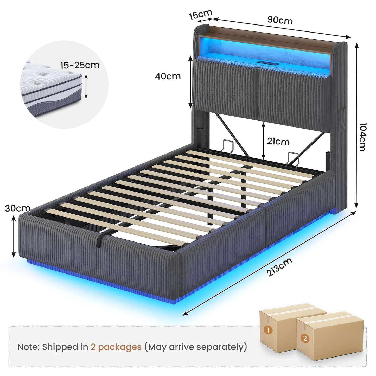 AOGLLATI Single Ottoman Bed with 360° LED Lights 3ft Upholstered Bed with Built-in Power Strip