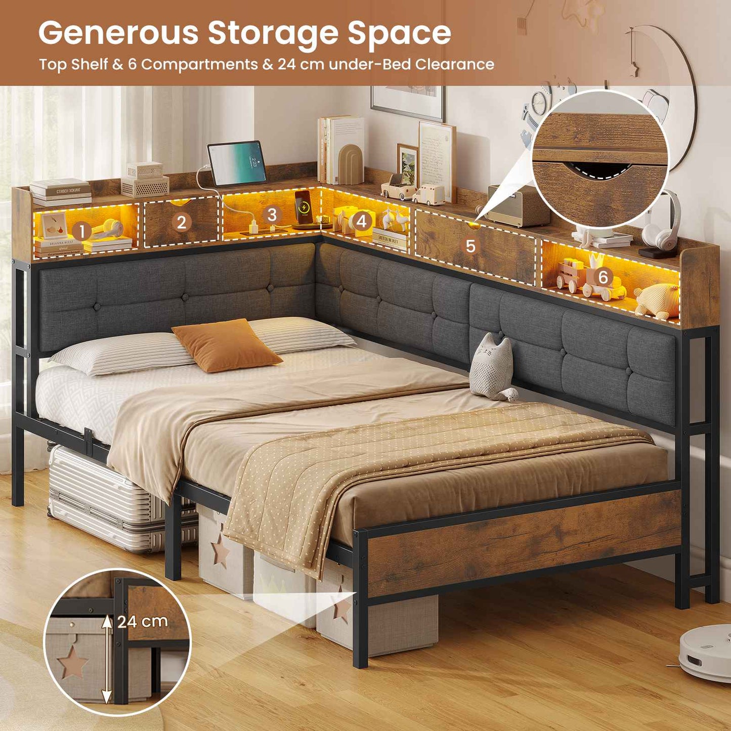 AOGLLATI 3ft Single Bed Frame with Storage Day Bed with Charging Station Corner Bed Frame Sofa Bed Frame with LED Lighting