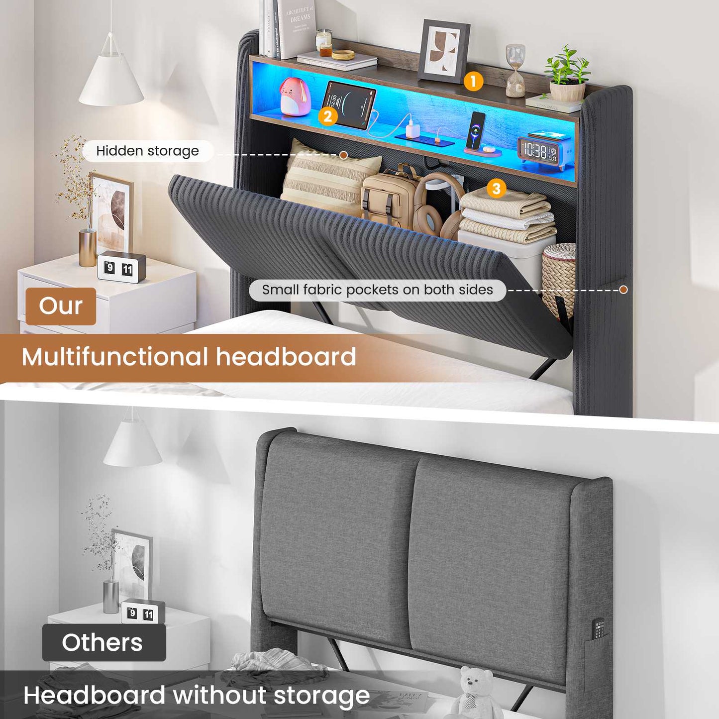AOGLLATI Single Ottoman Bed with 360° LED Lights 3ft Upholstered Bed with Built-in Power Strip