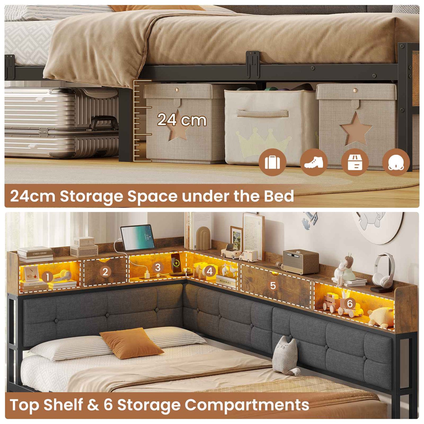 AOGLLATI 3ft Single Bed Frame with Storage Day Bed with Charging Station Corner Bed Frame Sofa Bed Frame with LED Lighting