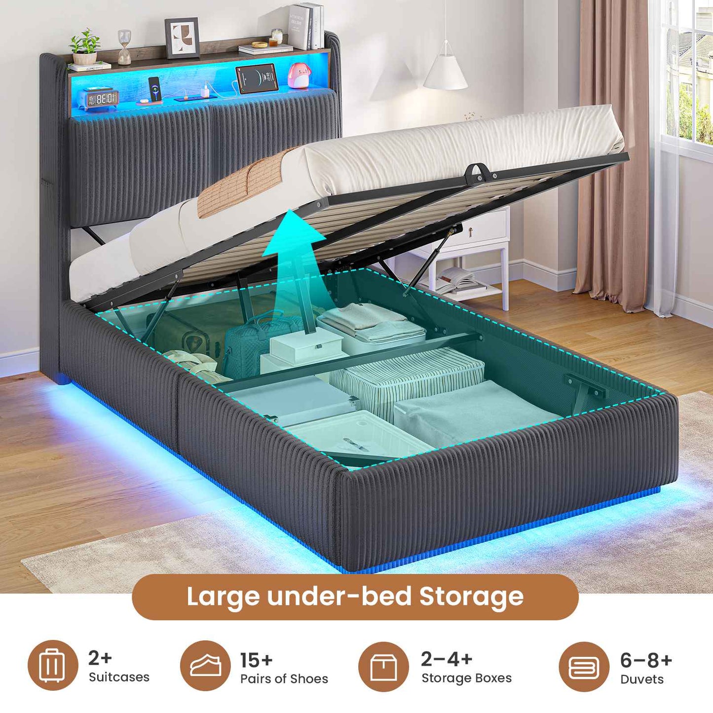 AOGLLATI Single Ottoman Bed with 360° LED Lights 3ft Upholstered Bed with Built-in Power Strip