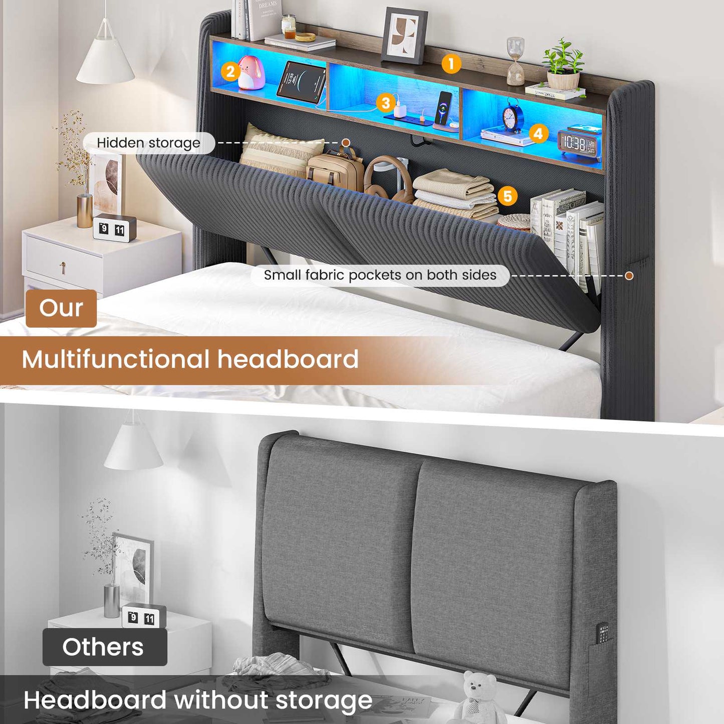 Ottoman Double Bed Frame with 360° LED Lights 4ft6 Upholstered Bed with Built-in Power Strip Corduroy