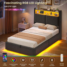 AOGLLATI Single Ottoman Bed with 360° LED Lights 3ft Upholstered Bed with Built-in Power Strip