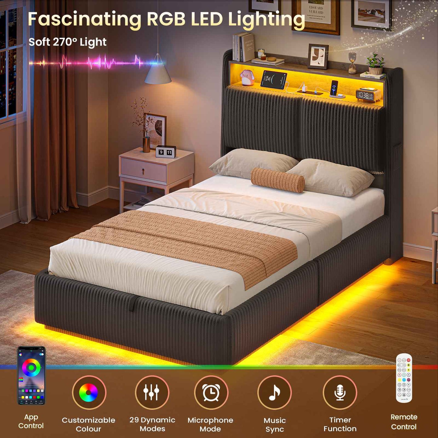 AOGLLATI Single Ottoman Bed with 360° LED Lights 3ft Upholstered Bed with Built-in Power Strip