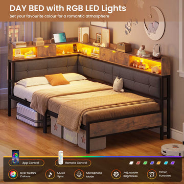 AOGLLATI 3ft Single Bed Frame with Storage Day Bed with Charging Station Corner Bed Frame Sofa Bed Frame with LED Lighting