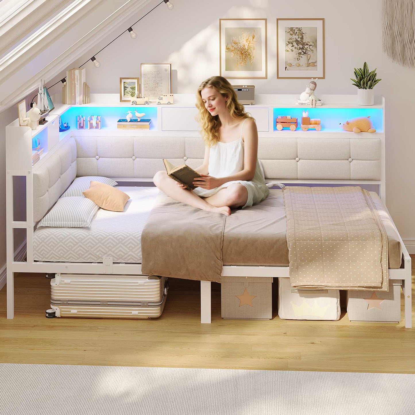 AOGLLATI 4ft6 Double Bed Frame with Storage Day Bed with Charging Station Corner Bed Frame Sofa Bed Frame with LED Lighting