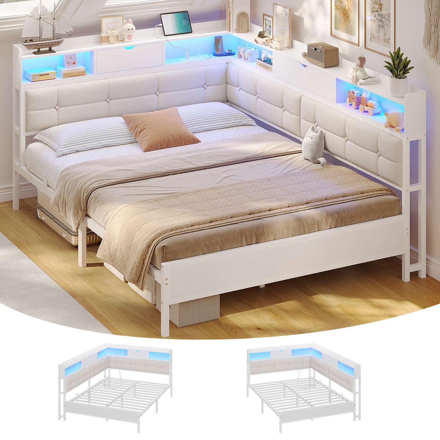 AOGLLATI 4ft6 Double Bed Frame with Storage Day Bed with Charging Station Corner Bed Frame Sofa Bed Frame with LED Lighting