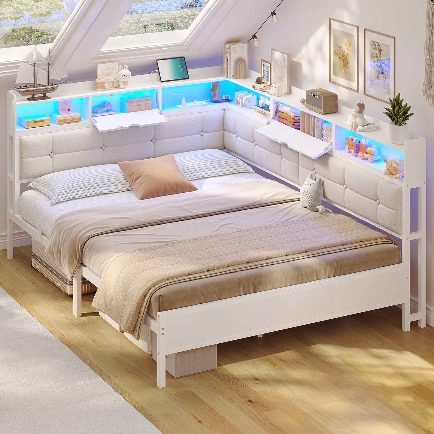 AOGLLATI 4ft6 Double Bed Frame with Storage Day Bed with Charging Station Corner Bed Frame Sofa Bed Frame with LED Lighting