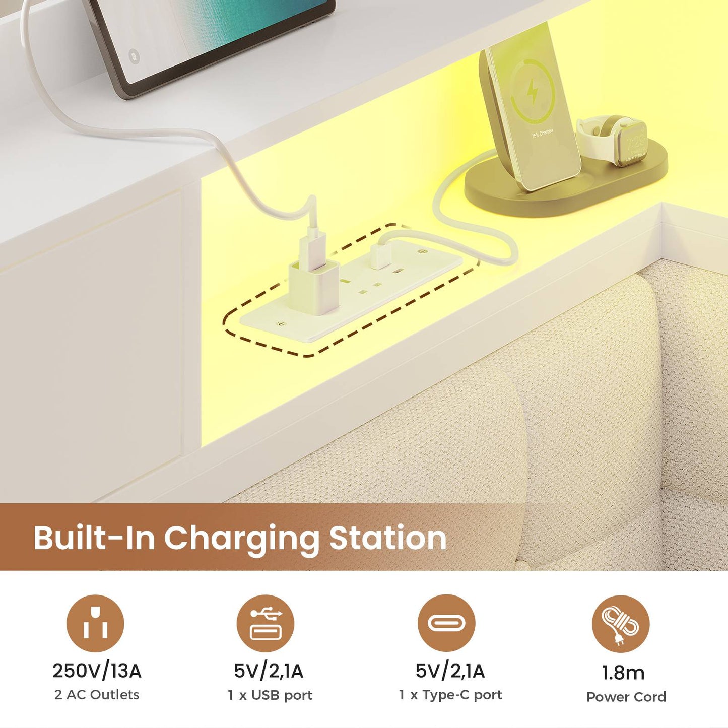 AOGLLATI 4ft6 Double Bed Frame with Storage Day Bed with Charging Station Corner Bed Frame Sofa Bed Frame with LED Lighting