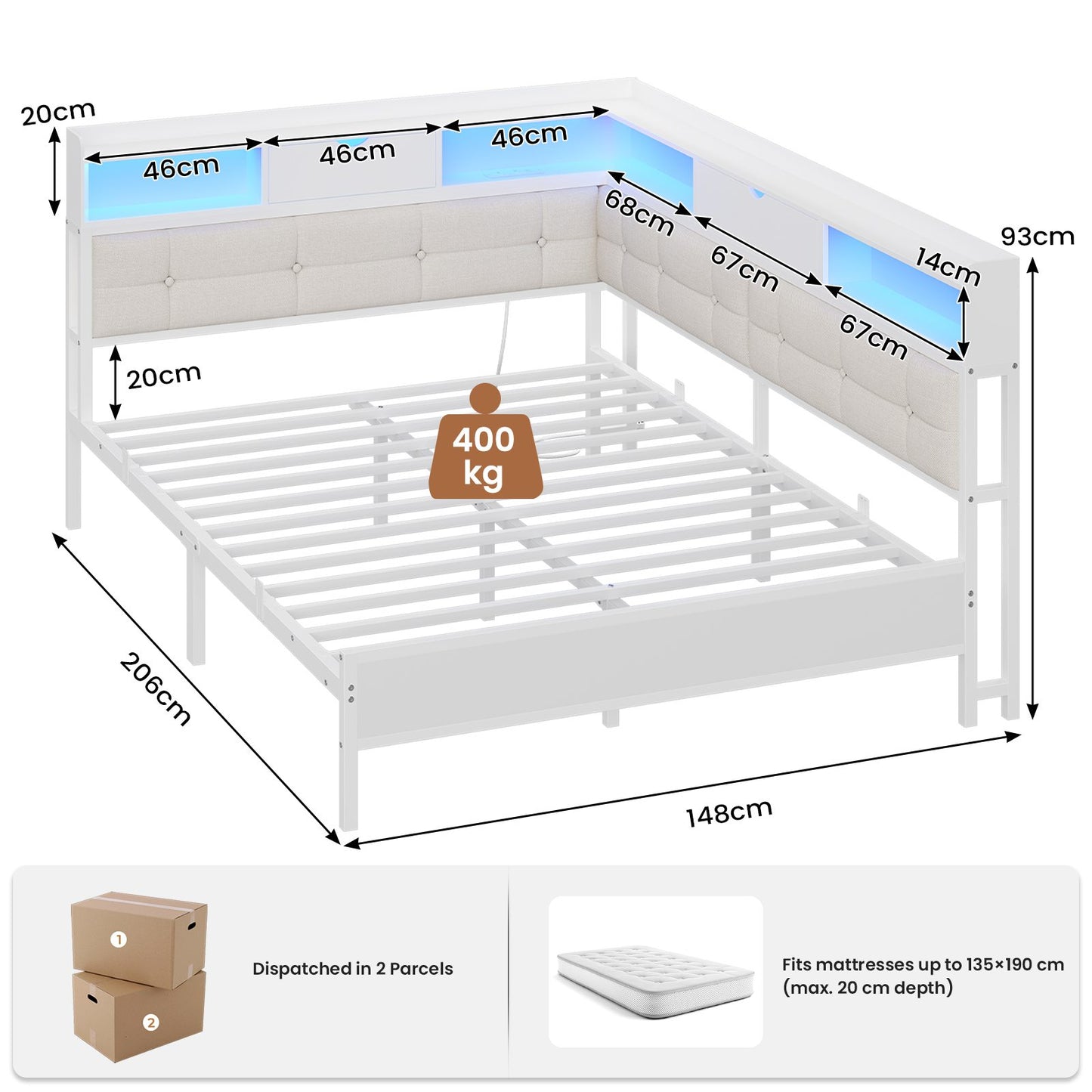 AOGLLATI 4ft6 Double Bed Frame with Storage Day Bed with Charging Station Corner Bed Frame Sofa Bed Frame with LED Lighting