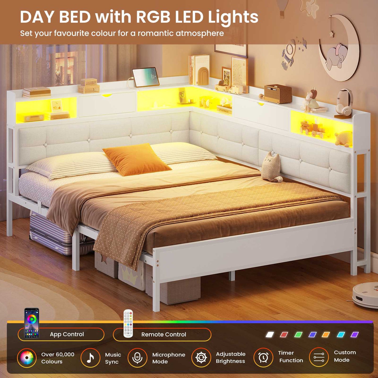 AOGLLATI 4ft6 Double Bed Frame with Storage Day Bed with Charging Station Corner Bed Frame Sofa Bed Frame with LED Lighting