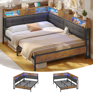 AOGLLATI 4ft6 Double Bed Frame with Storage Day Bed with Charging Station Corner Bed Frame Sofa Bed Frame with LED Lighting