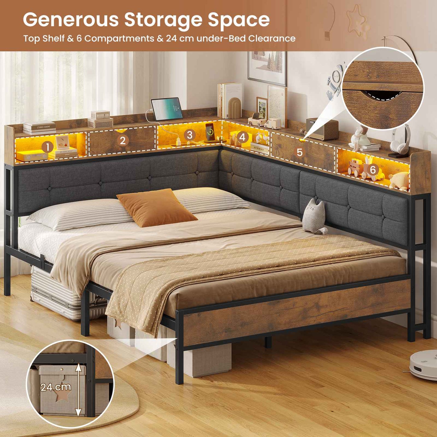 AOGLLATI 4ft6 Double Bed Frame with Storage Day Bed with Charging Station Corner Bed Frame Sofa Bed Frame with LED Lighting
