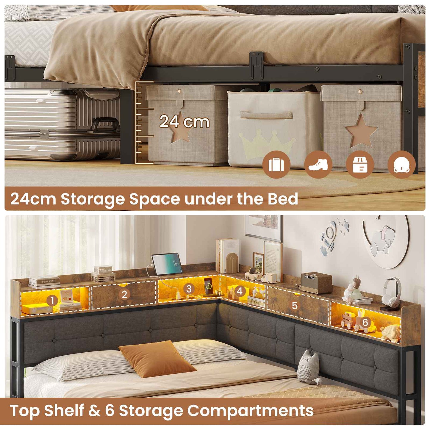 AOGLLATI 4ft6 Double Bed Frame with Storage Day Bed with Charging Station Corner Bed Frame Sofa Bed Frame with LED Lighting