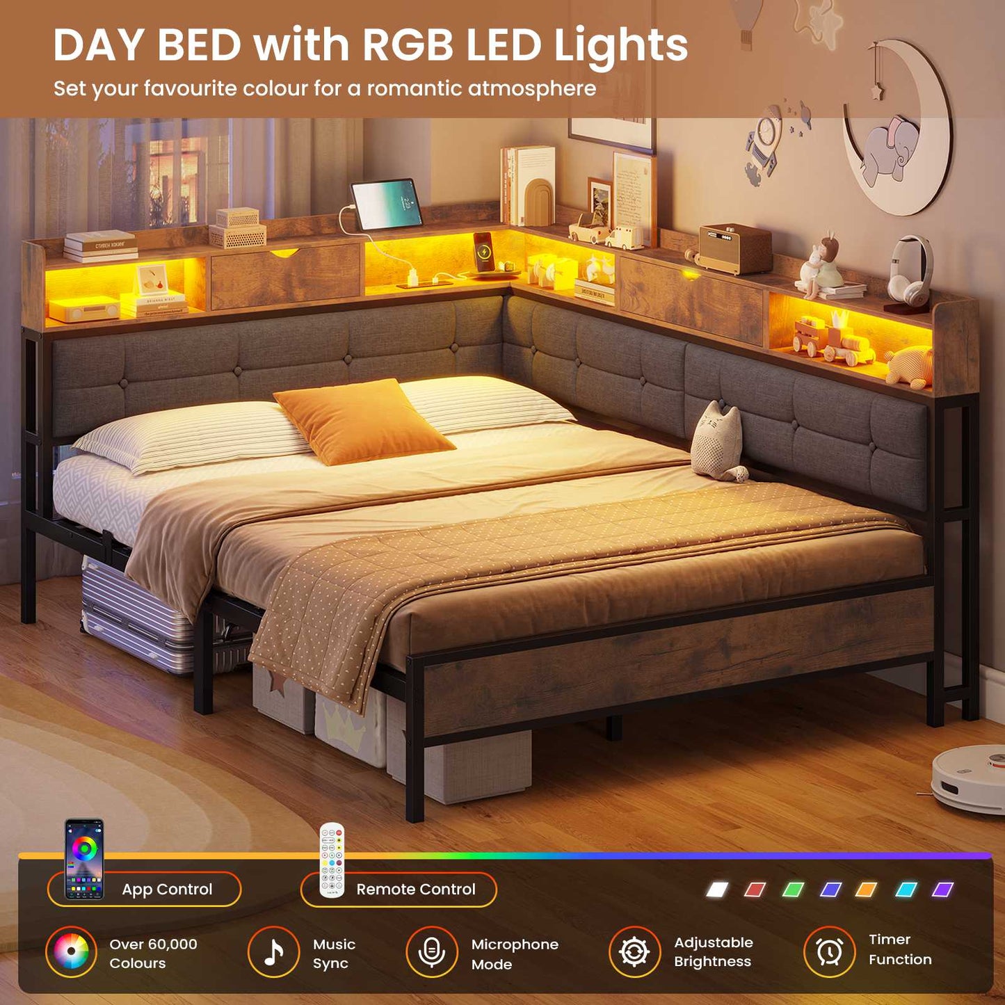AOGLLATI 4ft6 Double Bed Frame with Storage Day Bed with Charging Station Corner Bed Frame Sofa Bed Frame with LED Lighting