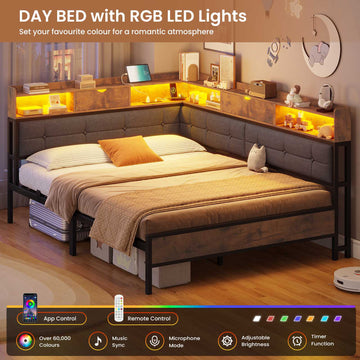 AOGLLATI 4ft6 Double Bed Frame with Storage Day Bed with Charging Station Corner Bed Frame Sofa Bed Frame with LED Lighting