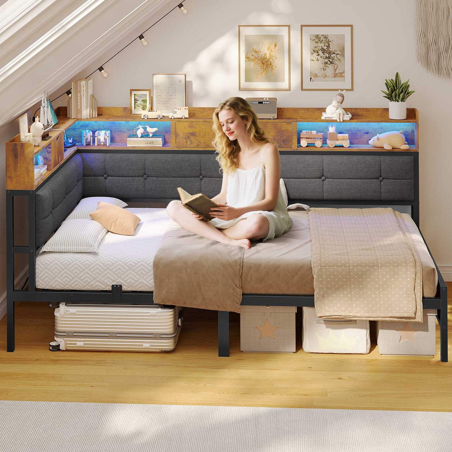 AOGLLATI 4ft6 Double Bed Frame with Storage Day Bed with Charging Station Corner Bed Frame Sofa Bed Frame with LED Lighting