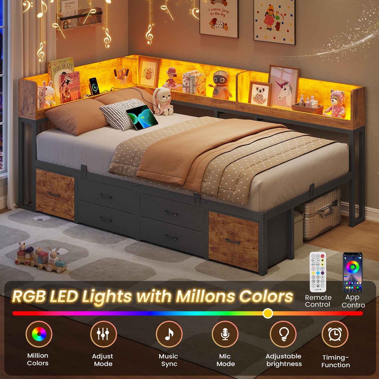 AOGLLATI Double Bed with 6 Storage Drawers 135x190 CM with Charging Station and LED Lights