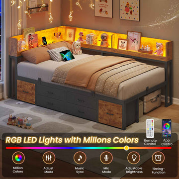 AOGLLATI Double Bed with 6 Storage Drawers 135x190 CM with Charging Station and LED Lights
