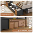 AOGLLATI Double Bed with 6 Storage Drawers 135x190 CM with Charging Station and LED Lights