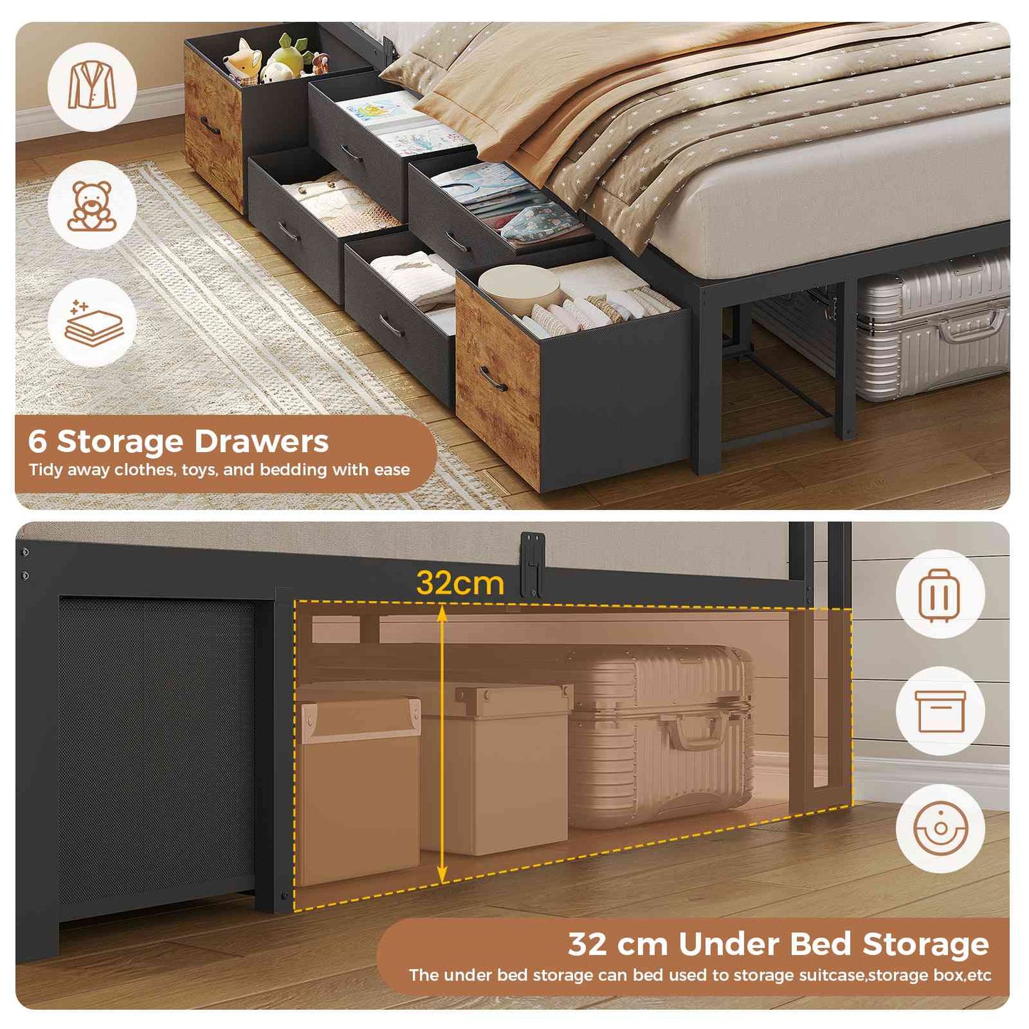 AOGLLATI Double Bed with 6 Storage Drawers 135x190 CM with Charging Station and LED Lights