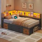 AOGLLATI Double Bed with 6 Storage Drawers 135x190 CM with Charging Station and LED Lights