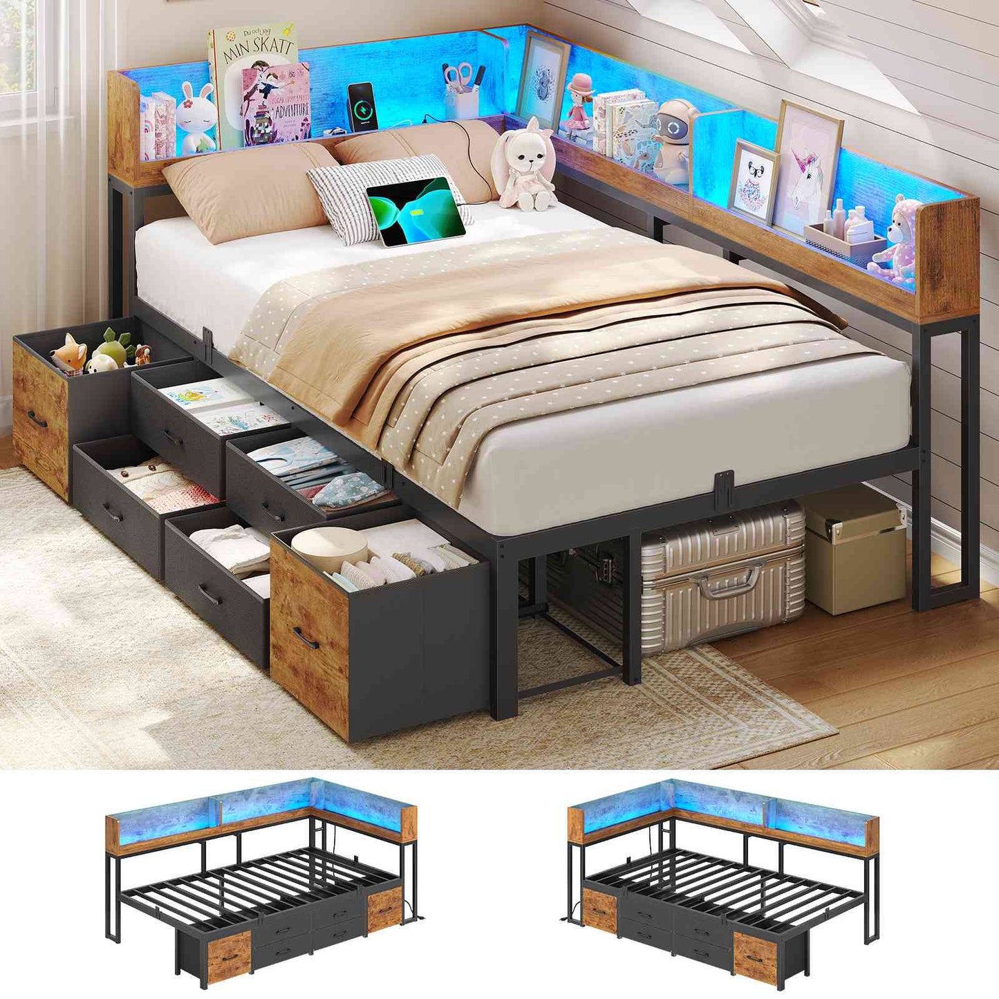 AOGLLATI Double Bed with 6 Storage Drawers 135x190 CM with Charging Station and LED Lights