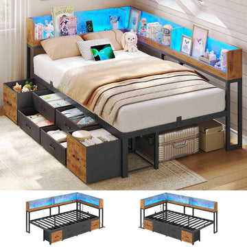AOGLLATI Double Bed with 6 Storage Drawers 135x190 CM with Charging Station and LED Lights
