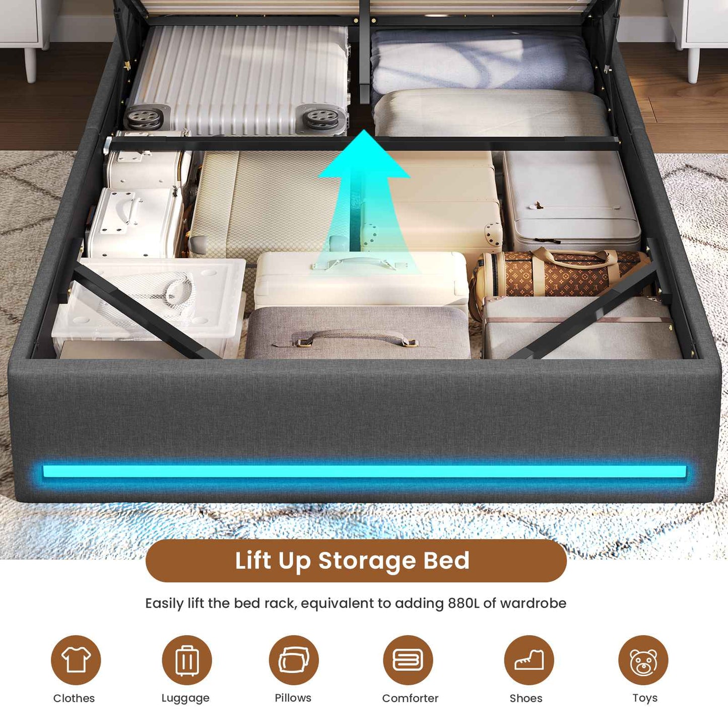 AOGLLATI Ottoman Bed Double with Storage and Led Lights 135x190CM
