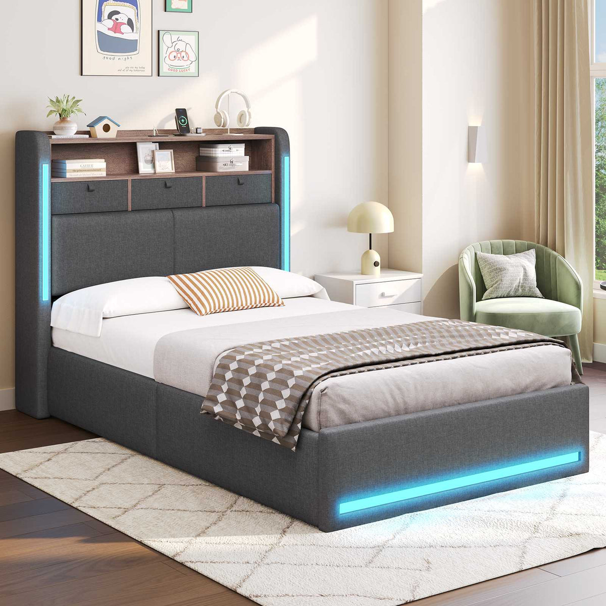 AOGLLATI single ottoman bed with storage and led lights 90x190 CM