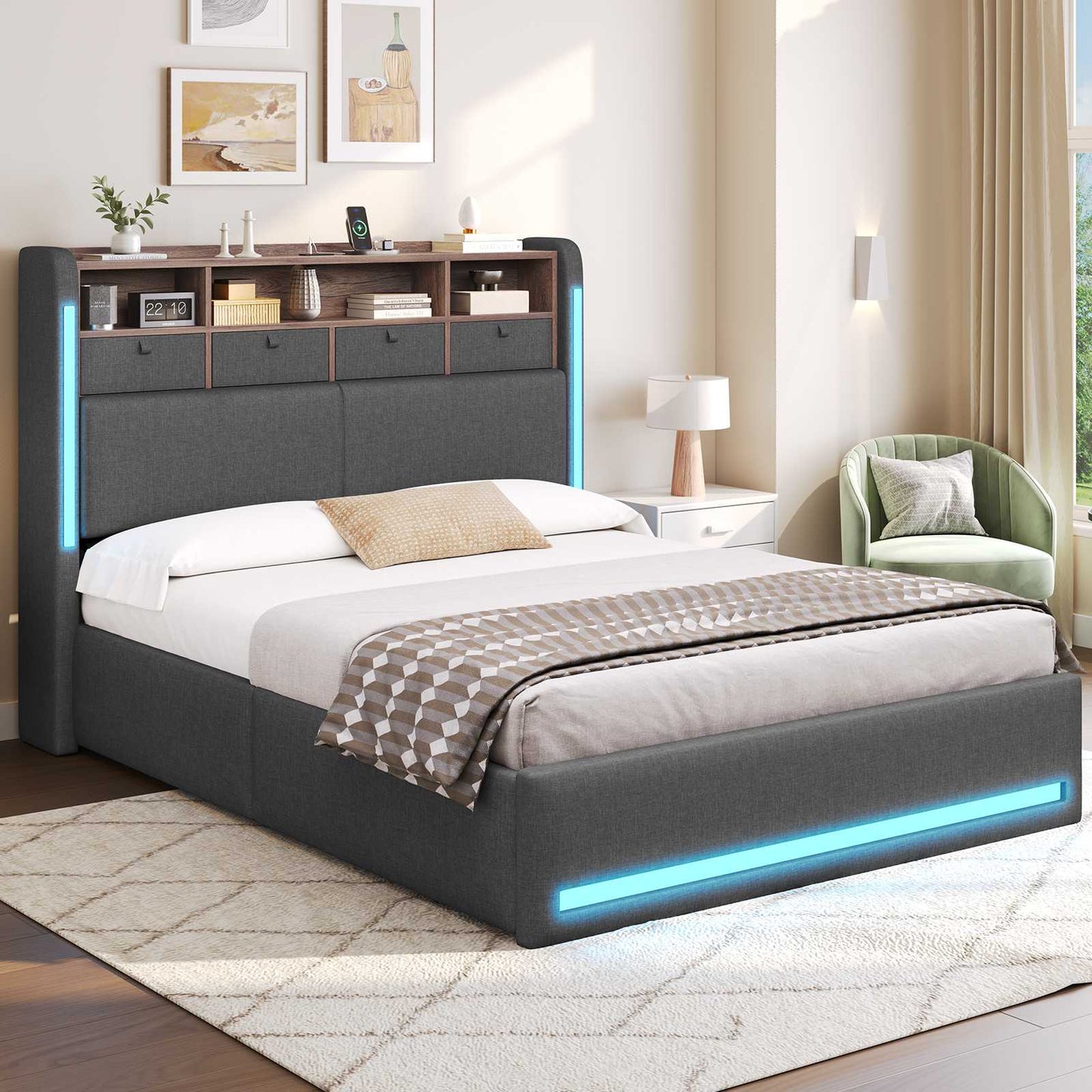 AOGLLATI Ottoman Bed Double with Storage and Led Lights 135x190CM