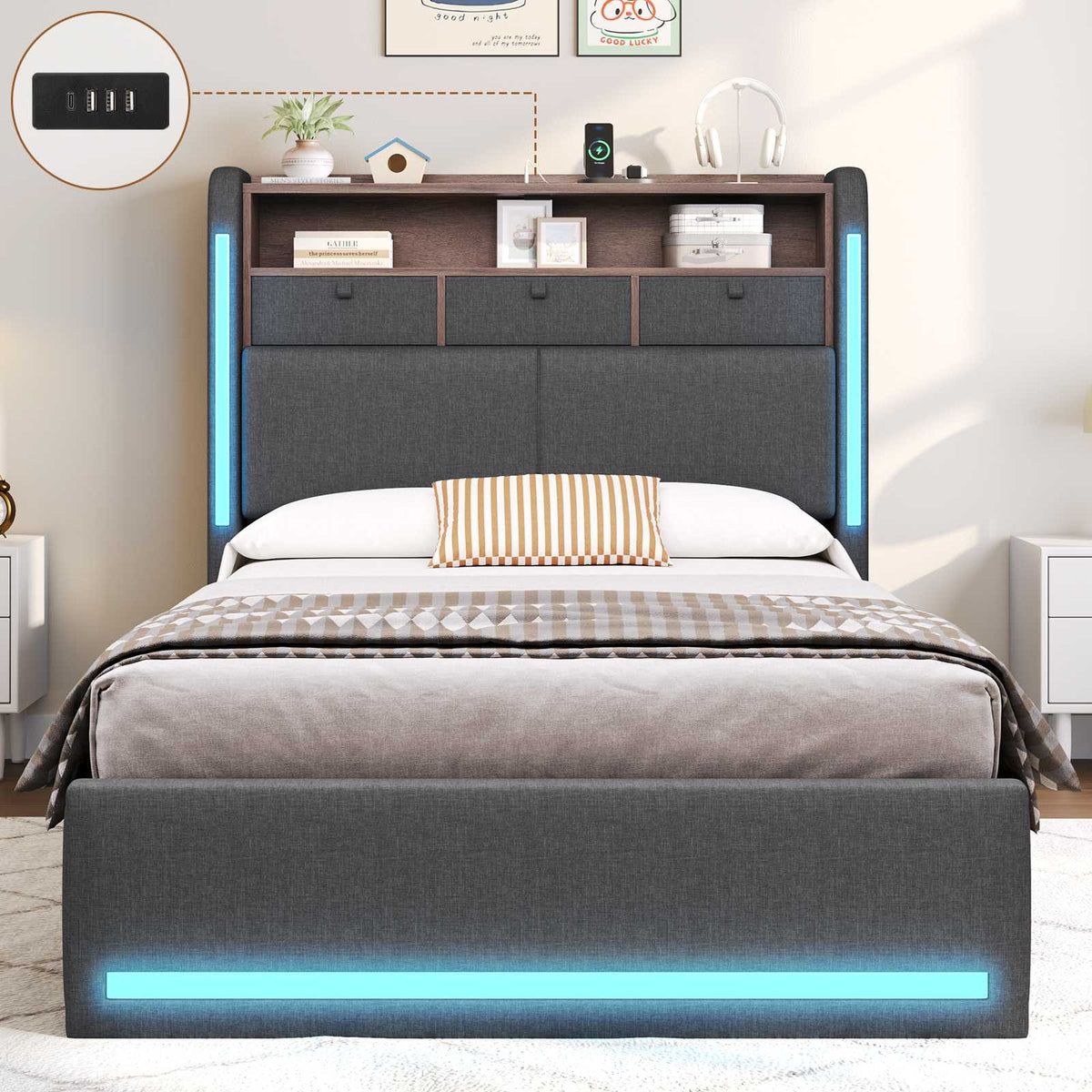 AOGLLATI single ottoman bed with storage and led lights 90x190 CM
