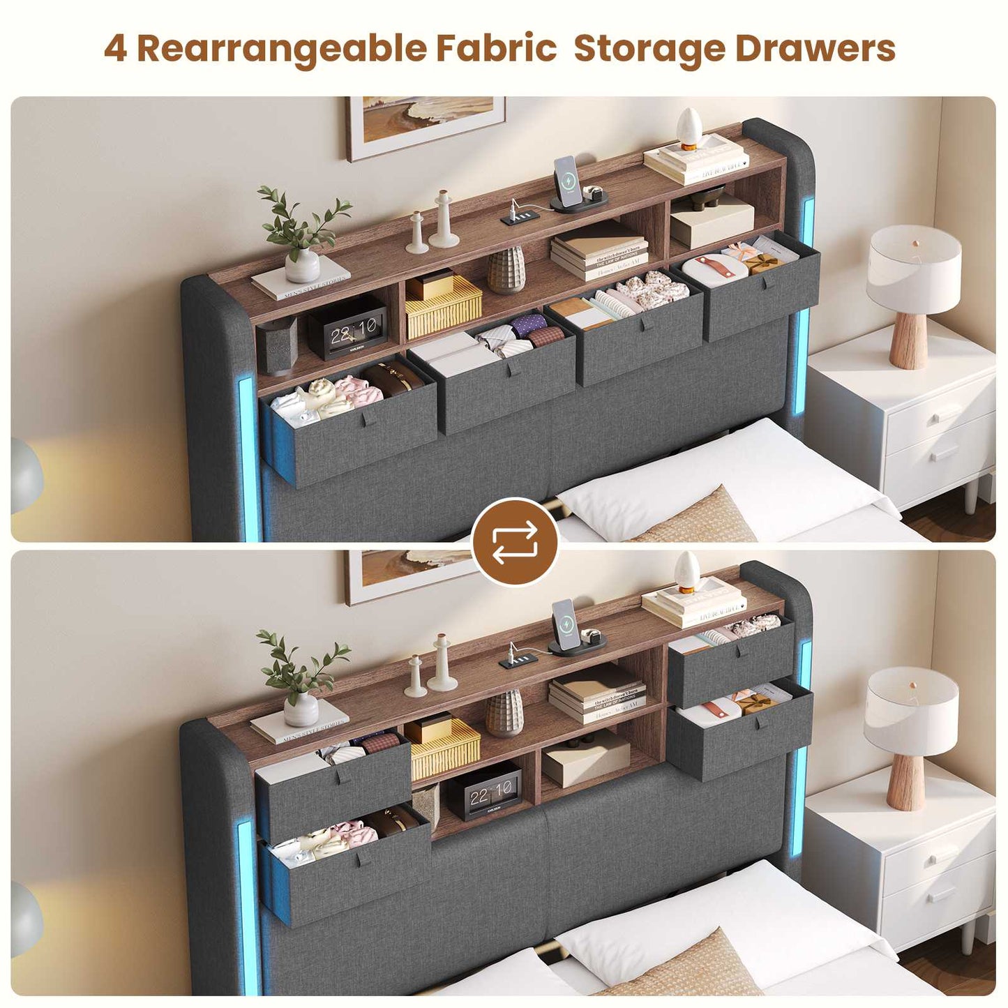 AOGLLATI Ottoman Bed Double with Storage and Led Lights 135x190CM