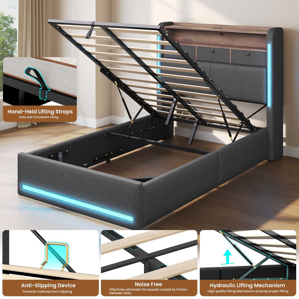 AOGLLATI single ottoman bed with storage and led lights 90x190 CM